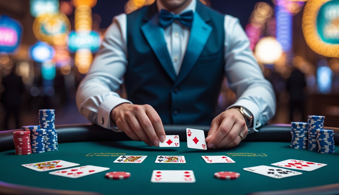 Seorang dealer profesional sedang membagikan kartu di meja blackjack dengan latar belakang lampu terang dan suasana Las Vegas Strip.