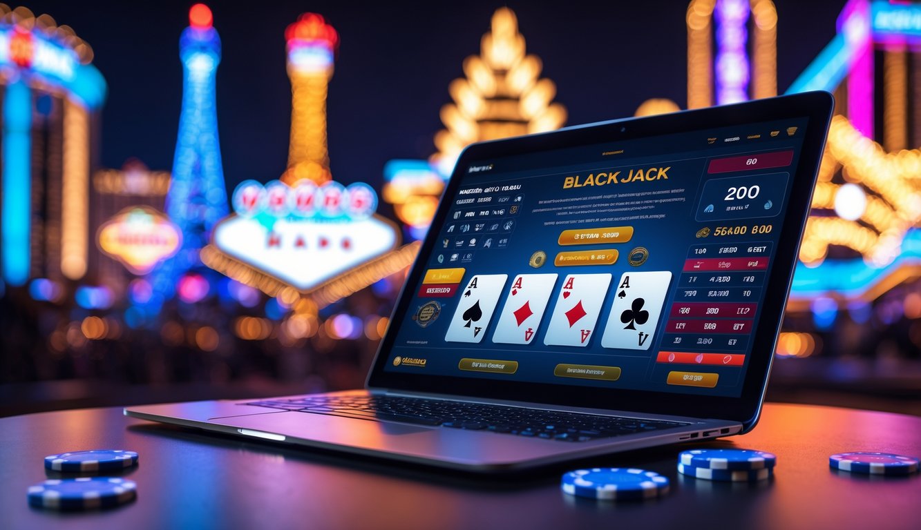 Sebuah meja blackjack digital dengan kartu dan chip yang ditampilkan di layar laptop dengan latar belakang lampu neon dan landmark Las Vegas yang kabur.