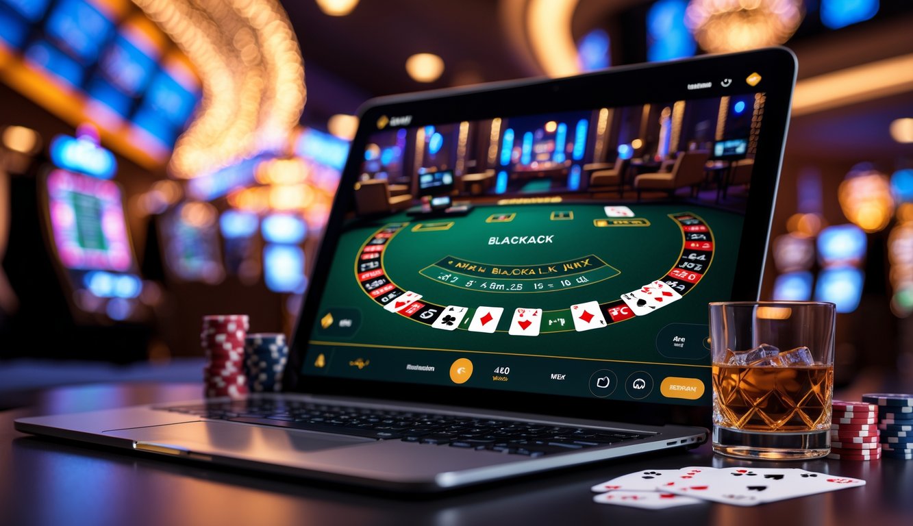 Orang bermain blackjack online dengan latar belakang lampu neon dan suasana kasino mewah.