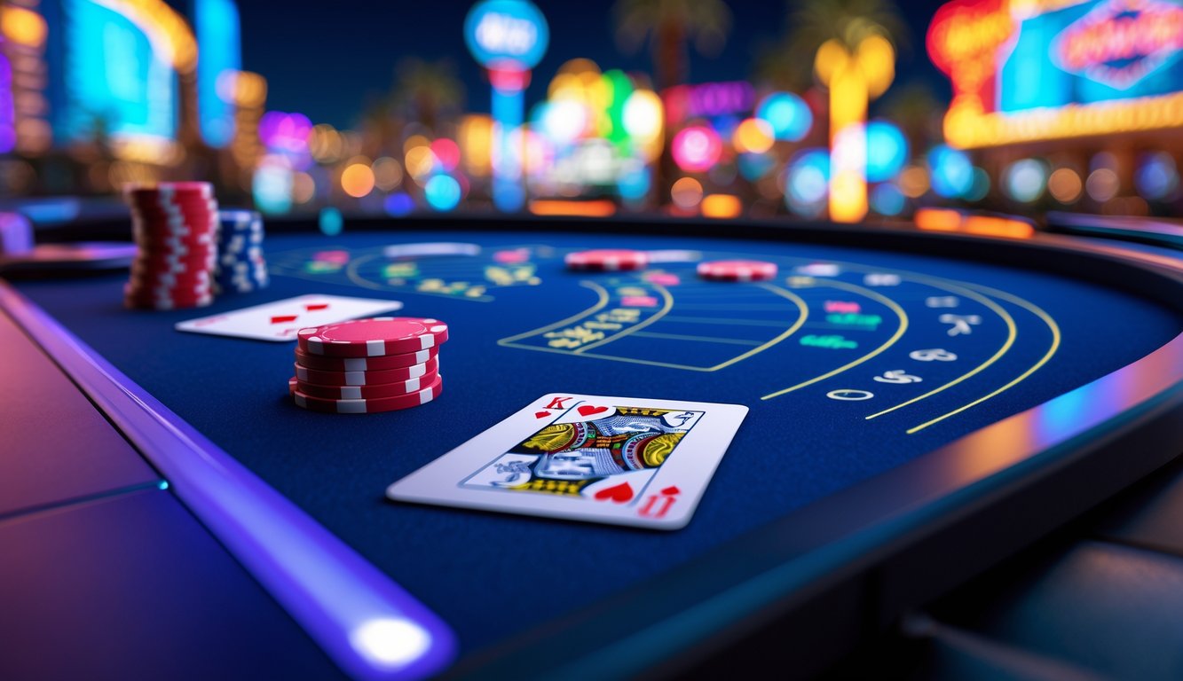 Tampilan permainan blackjack online dengan latar belakang lampu neon dan pemandangan malam di Las Vegas Strip.