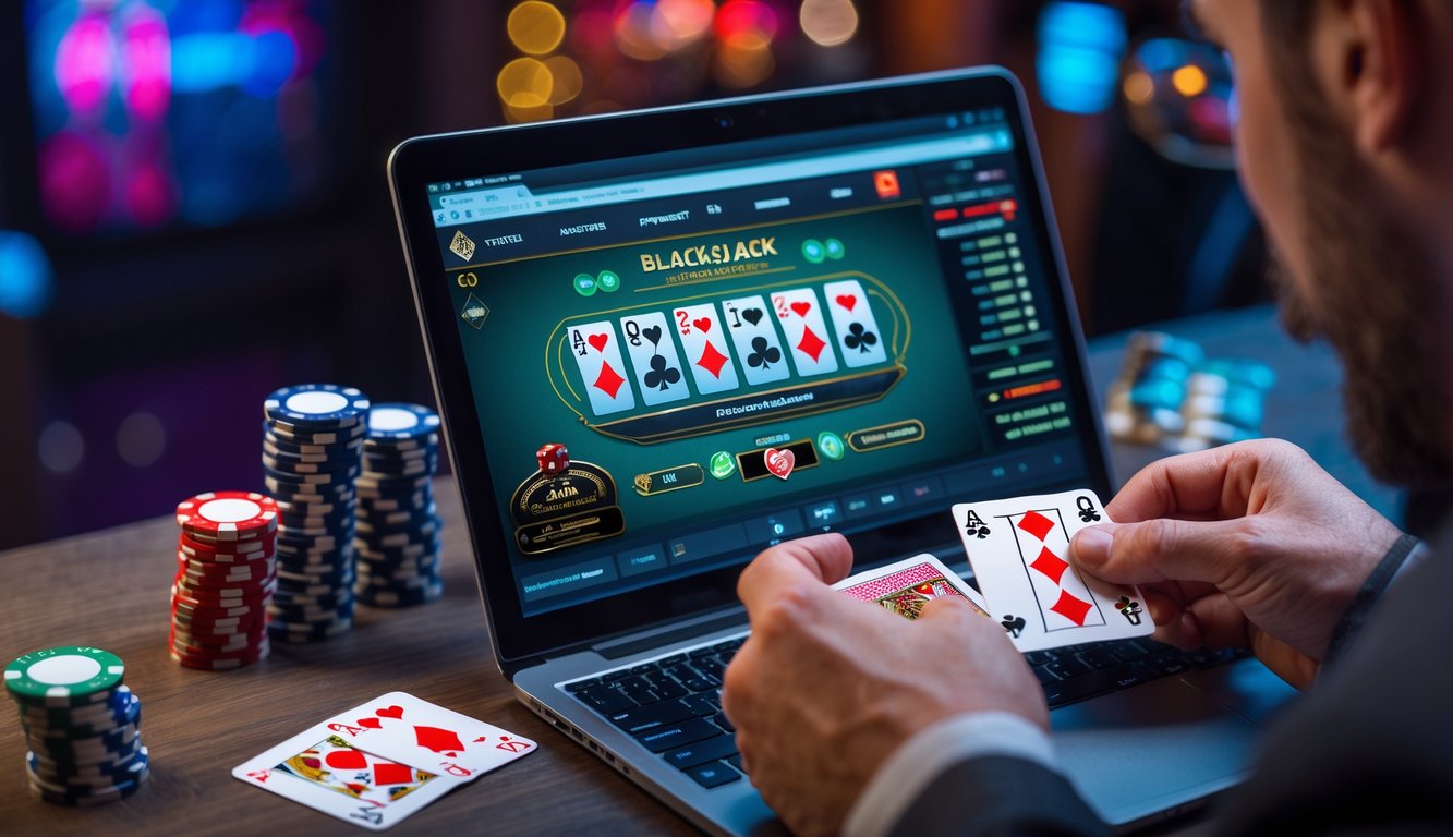 Seseorang sedang bermain blackjack online di laptop dengan kartu dan chip poker di meja.