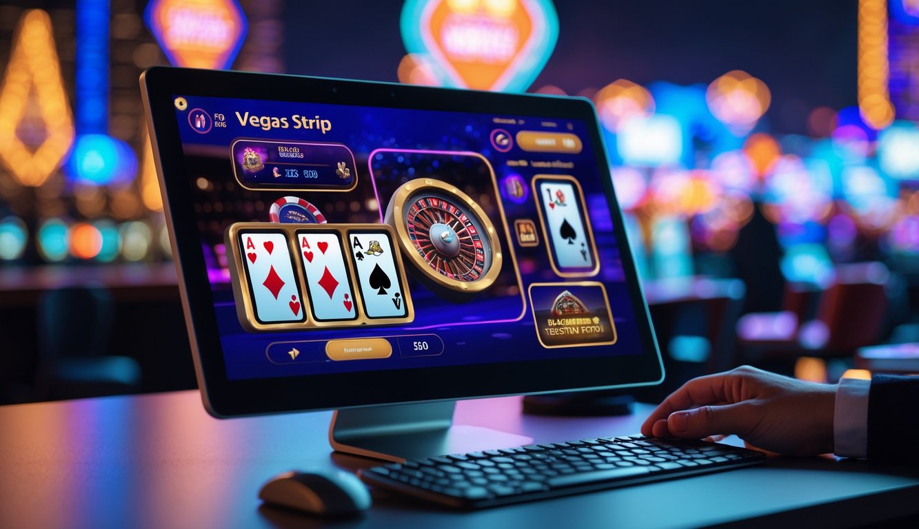 Layar komputer menampilkan permainan blackjack online dengan kartu dan chip, latar belakang samar lampu neon dan pemandangan kota seperti di Las Vegas.