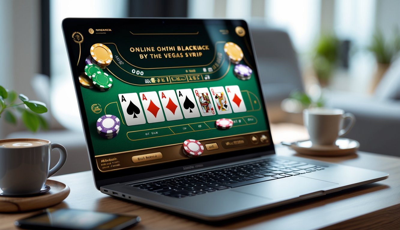 Seorang pemain sedang bermain blackjack online di laptop di dalam ruangan yang nyaman dengan pencahayaan alami.