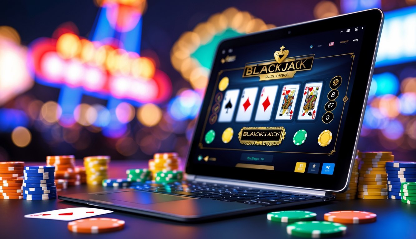 Seorang pemain menggunakan laptop untuk bermain blackjack online dengan kartu dan chip kasino di sekitar perangkat, dikelilingi oleh lampu neon yang terinspirasi dari suasana Las Vegas Strip.