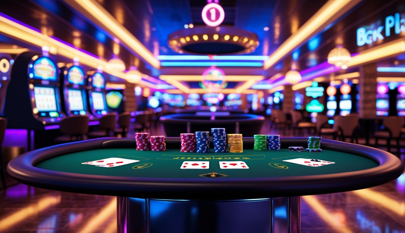 Tampilan meja blackjack online dengan kartu dan chip, latar belakang penuh lampu neon dan elemen kasino seperti mesin slot dan roda roulette.
