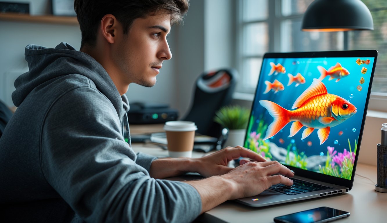 Seorang pria muda bermain game menembak ikan Goldfish secara online di laptop di meja yang rapi dengan pencahayaan alami.