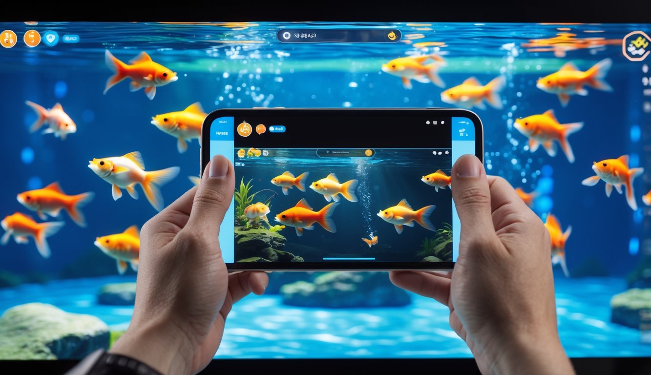 Tampilan layar permainan tembak ikan dengan ikan mas berwarna cerah di air jernih.