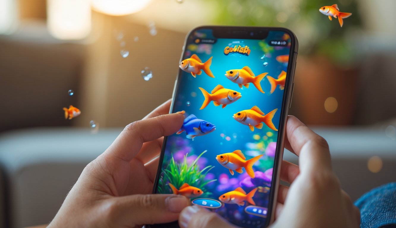 Seseorang sedang bermain game menembak ikan goldfish secara online menggunakan ponsel di dalam ruangan.