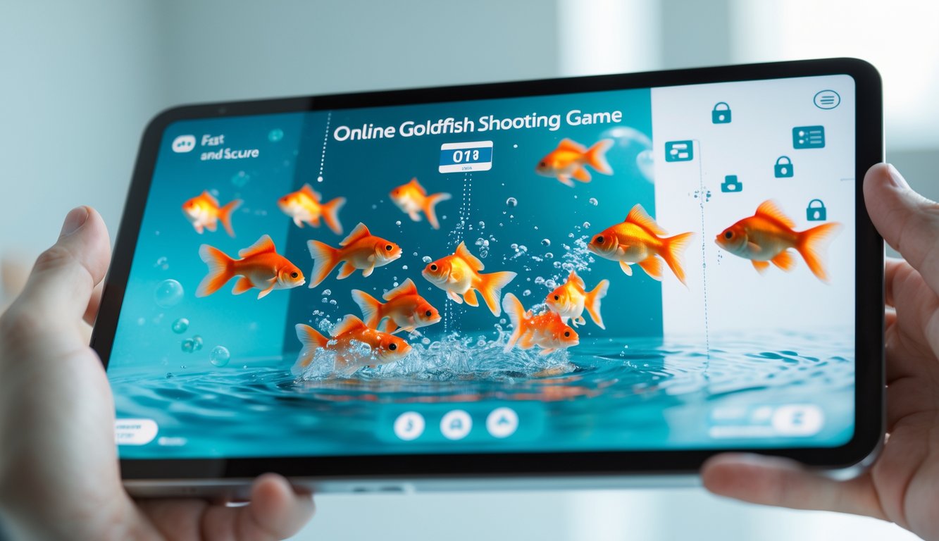 Seseorang memegang perangkat layar sentuh yang menampilkan ikan mas berwarna-warni dalam permainan online dengan ikon pembayaran cepat di latar belakang.