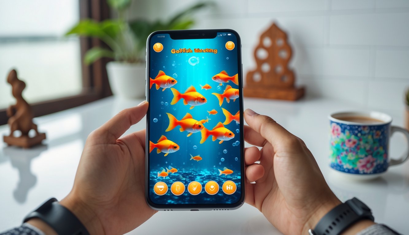 Seseorang memegang ponsel yang menampilkan permainan tembak ikan dengan ikan mas berwarna cerah di layar, di ruang kerja dengan elemen budaya Indonesia di latar belakang.