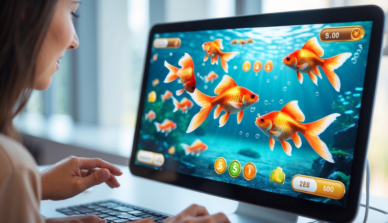 Seseorang sedang bermain game tembak ikan goldfish online di layar komputer atau ponsel dengan ikan berwarna-warni yang bergerak dan ikon bonus di layar.