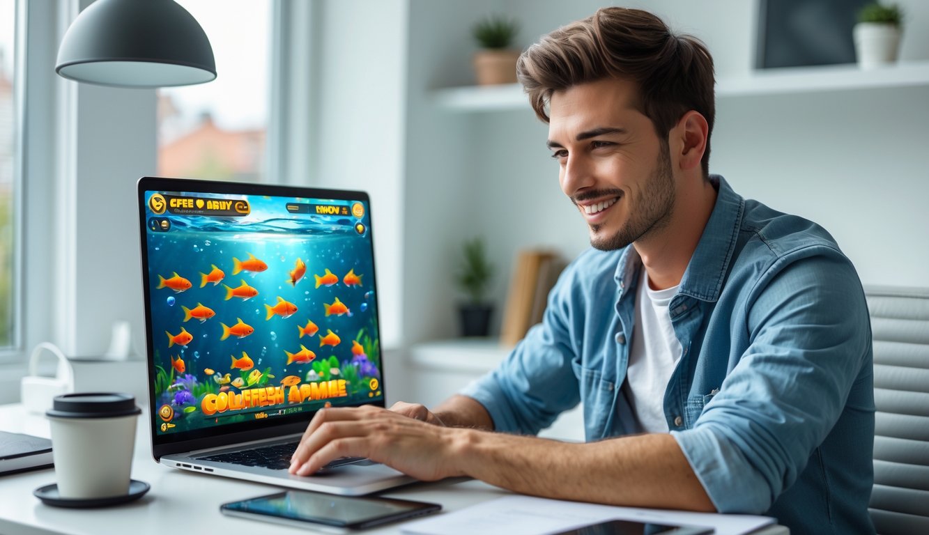 Seorang pria muda duduk di meja dengan laptop, bermain permainan tembak ikan goldfish online dengan ekspresi fokus dan senyum tipis.