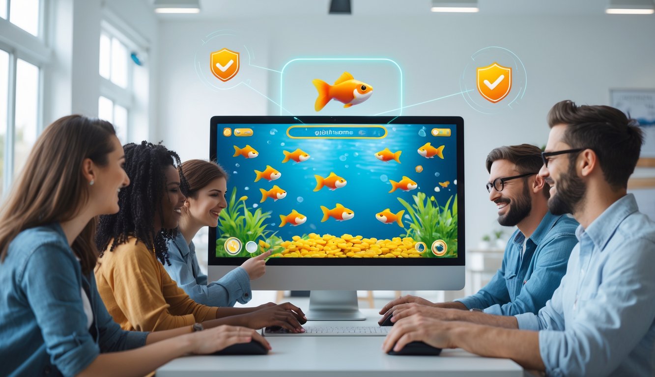 Orang-orang bermain game tembak ikan goldfish secara online di sebuah ruangan modern dengan layar komputer yang menampilkan ikan goldfish berwarna-warni.