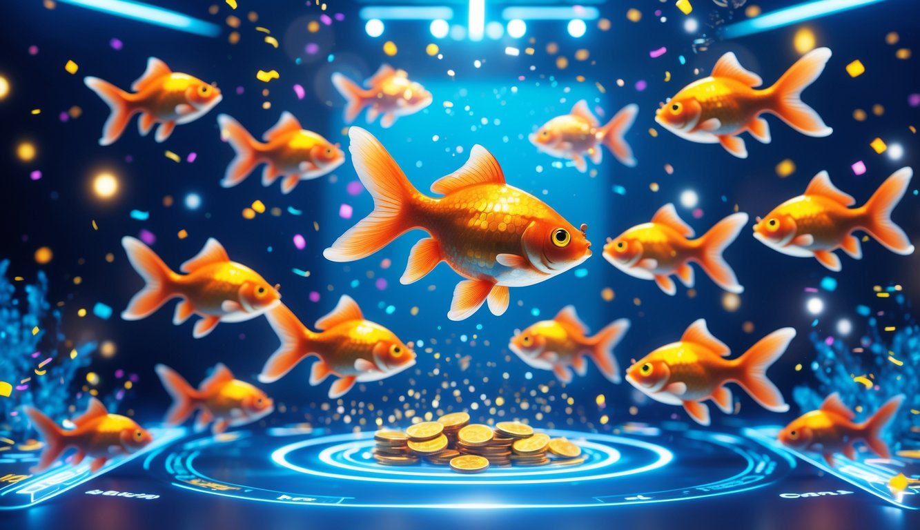 Antarmuka permainan tembak ikan dengan ikan mas berwarna cerah dan elemen pesta yang menggambarkan acara jackpot harian.