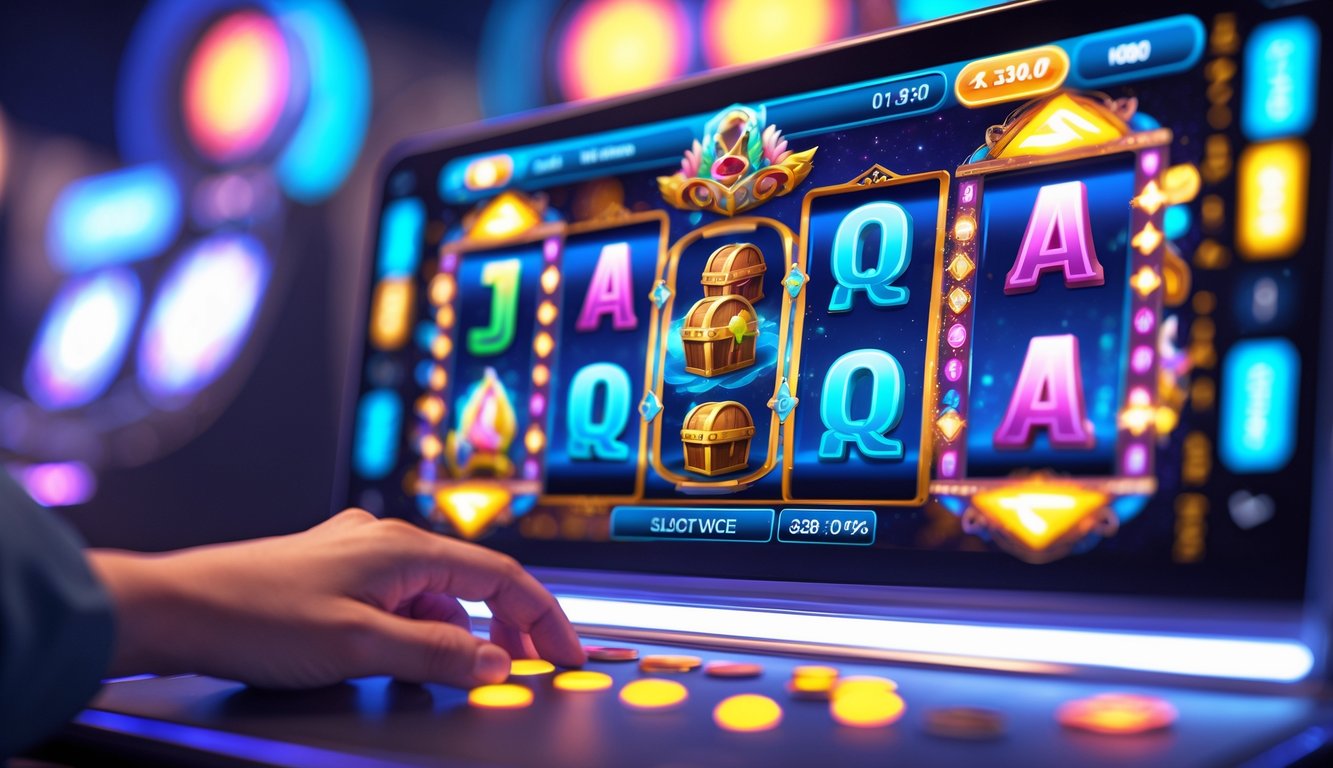 Layar perangkat menampilkan permainan mesin slot 3D dengan simbol unik dan interaktif.