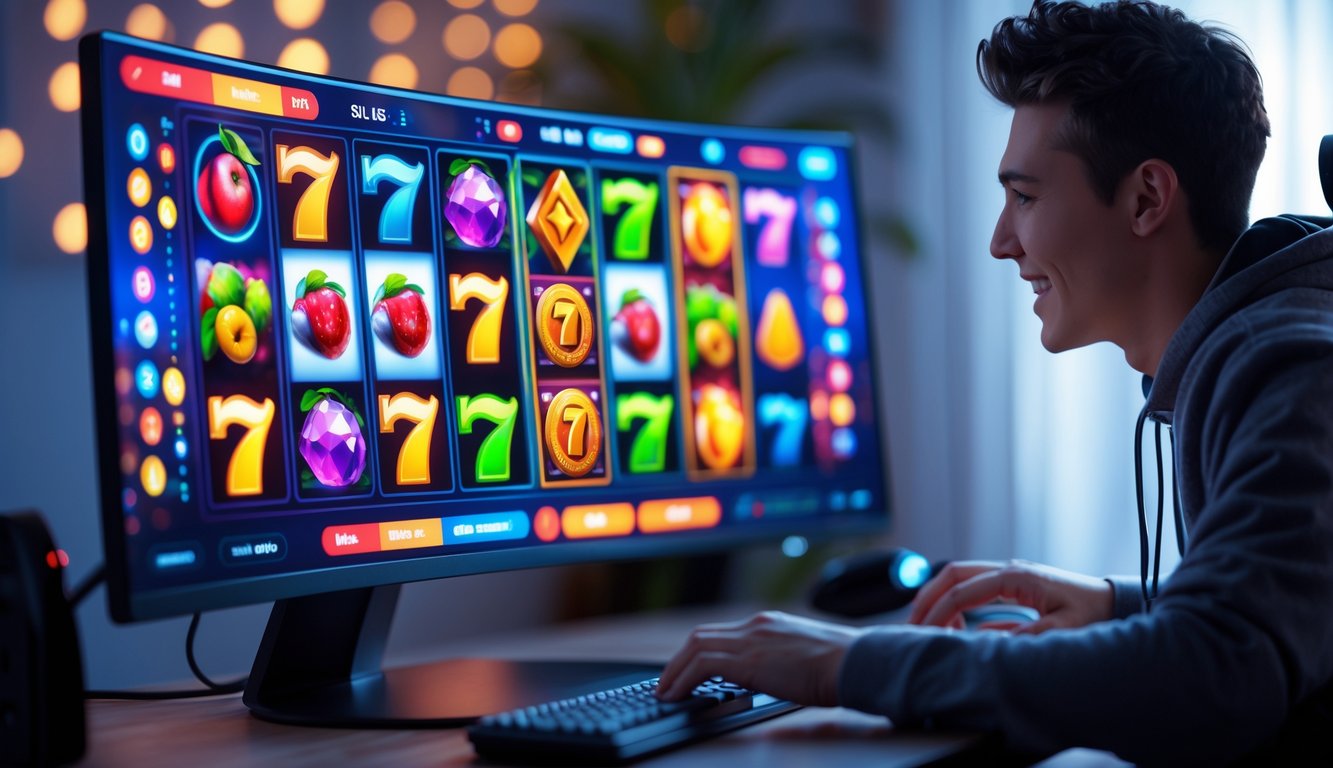 Seorang pemain muda sedang bermain game slot 3D online di depan komputer dengan layar besar yang menampilkan grafik permainan berwarna-warni.