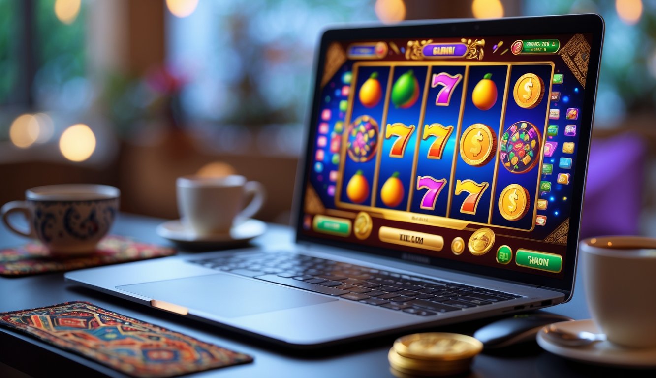 Layar komputer menampilkan permainan slot 3D berwarna-warni dengan simbol berputar, di atas meja dengan elemen budaya Indonesia di sekitarnya.