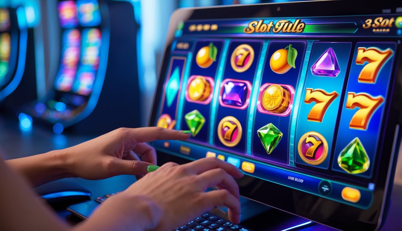 Seseorang menggunakan komputer dengan tampilan permainan slot 3D berwarna-warni di layar.