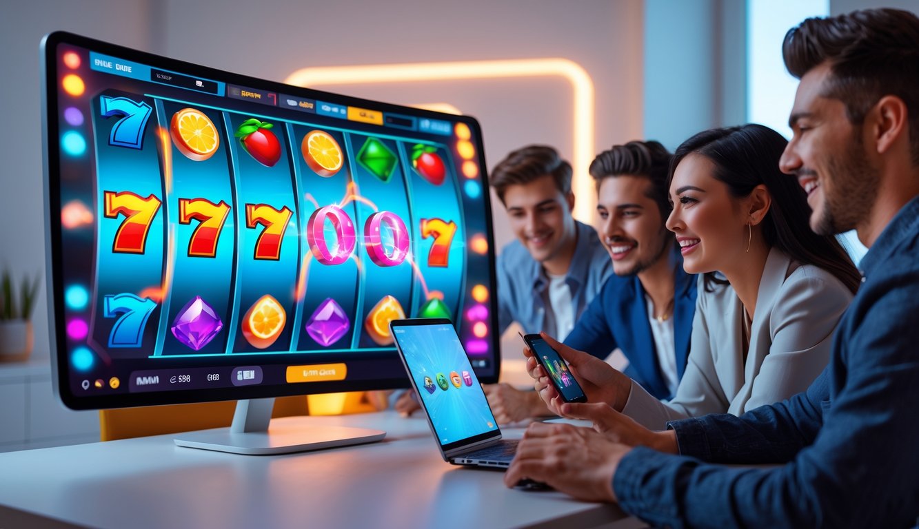 Seorang pemain muda menggunakan laptop dan ponsel untuk bermain mesin slot 3D online di meja dengan monitor besar yang menampilkan gulungan slot berwarna-warni.