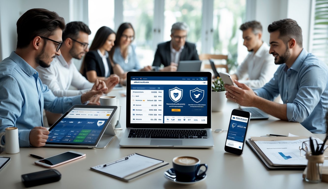 Beberapa orang menggunakan perangkat digital di ruang terang untuk melakukan taruhan online sabung ayam dengan suasana aman dan profesional.