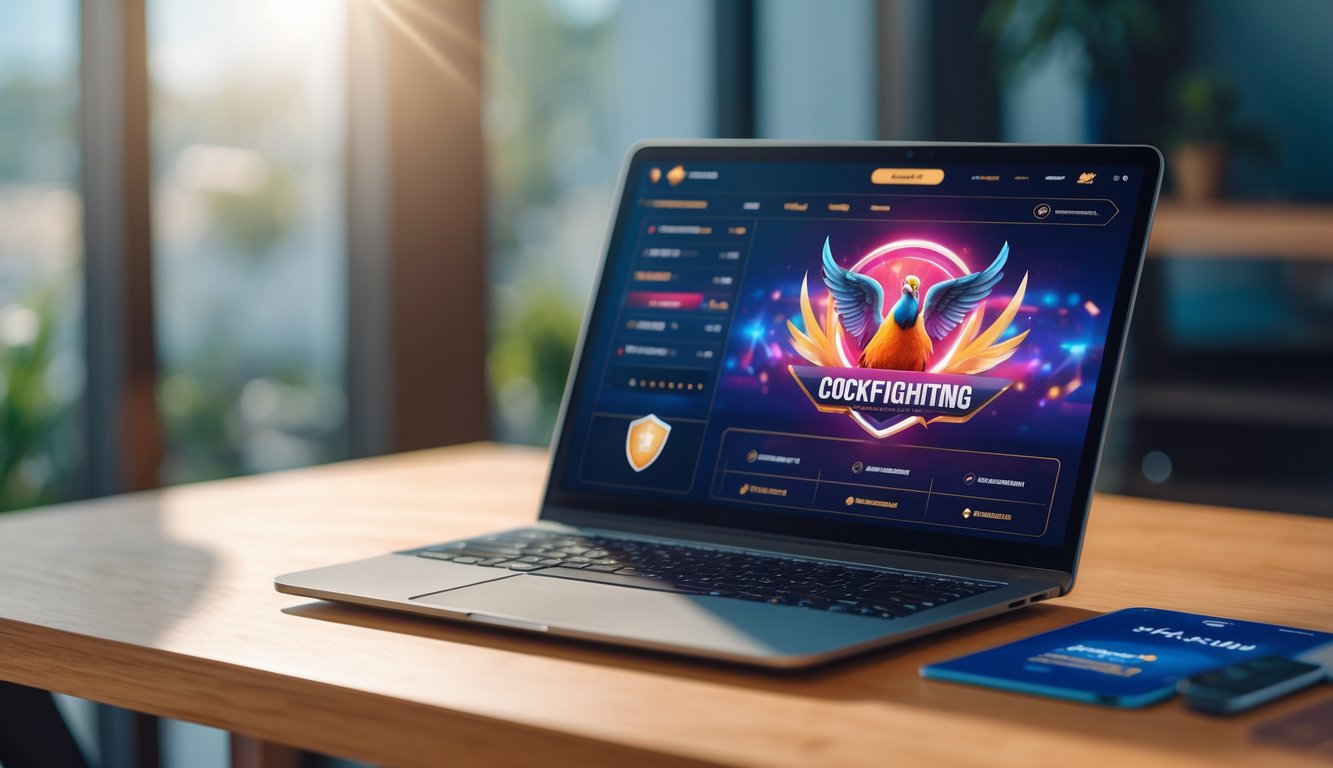 Seorang pengguna duduk di depan laptop yang menampilkan platform sabung ayam online dengan suasana profesional dan modern.