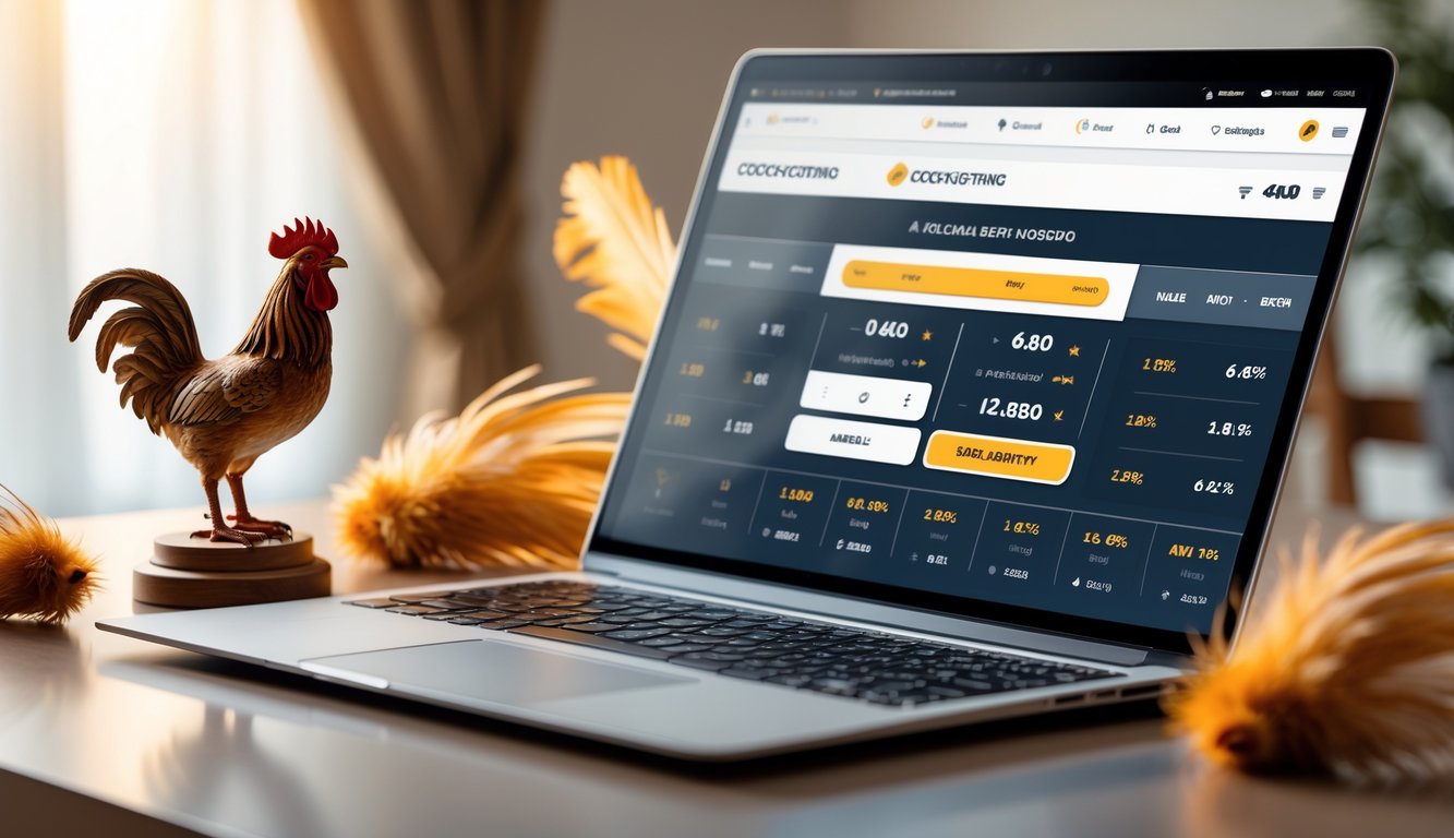 Seorang pengguna melihat layar perangkat dengan platform taruhan sabung ayam online, di atas meja dengan hiasan burung ayam jago.