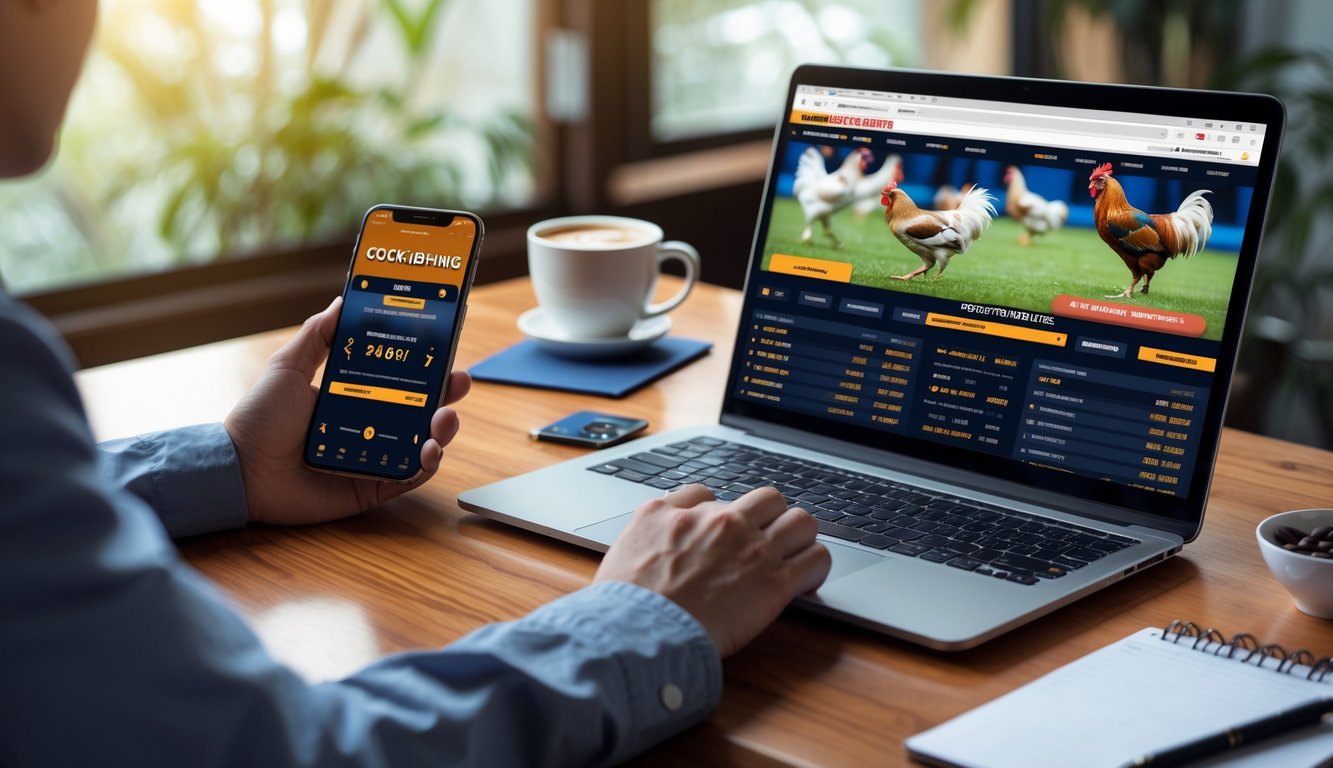 Seorang pria menggunakan laptop dan ponsel di meja kayu untuk memasang taruhan sabung ayam secara online dengan suasana kerja yang rapi dan terang.