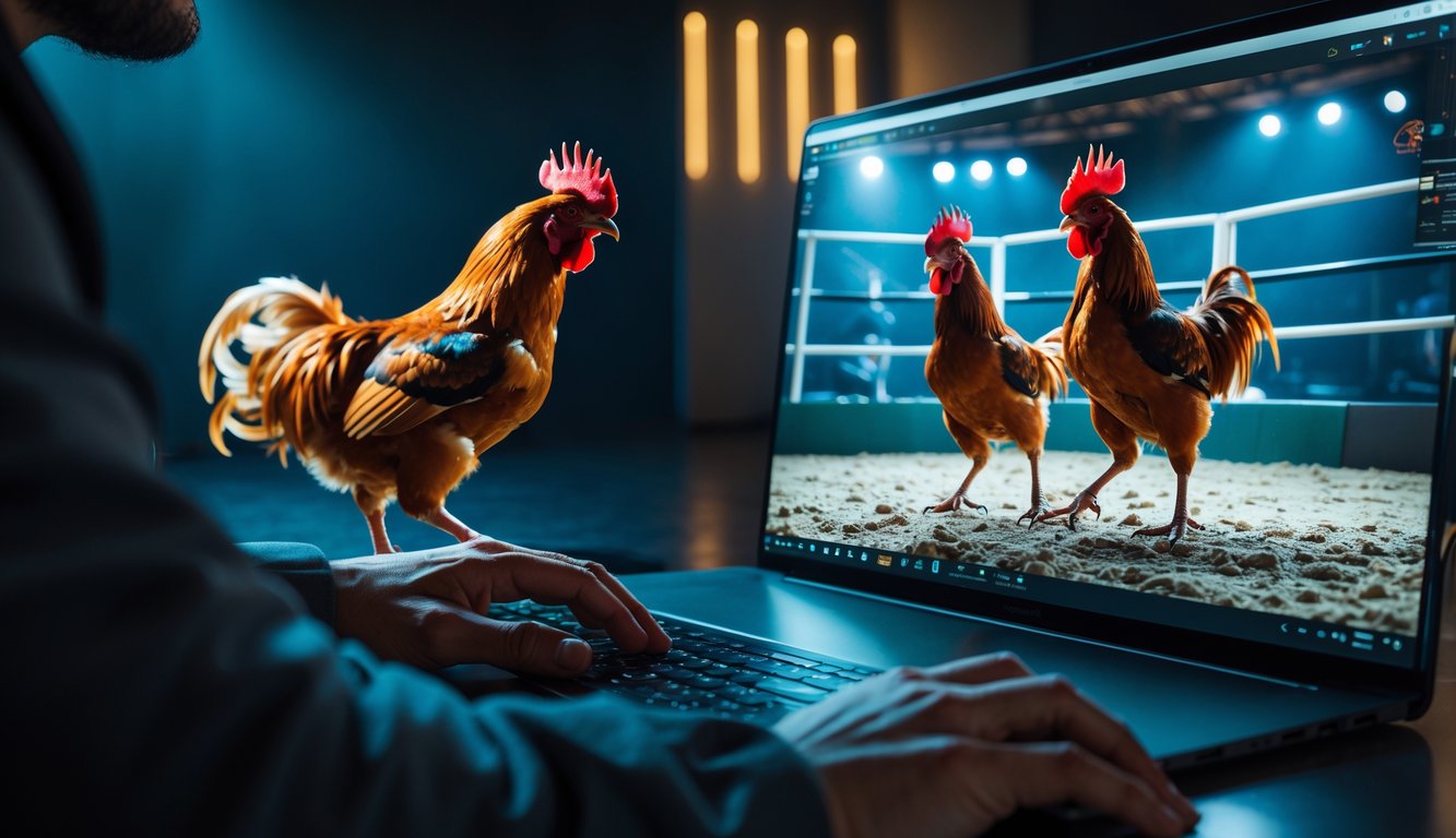 Seseorang menggunakan komputer untuk menonton pertandingan sabung ayam secara langsung dengan video berkualitas tinggi.