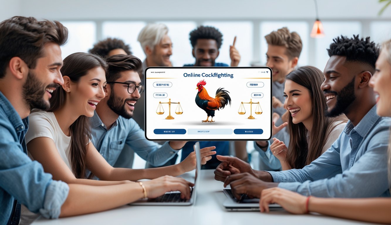 Sekelompok orang muda sedang bermain game online di perangkat digital dengan suasana yang cerah dan ramah.