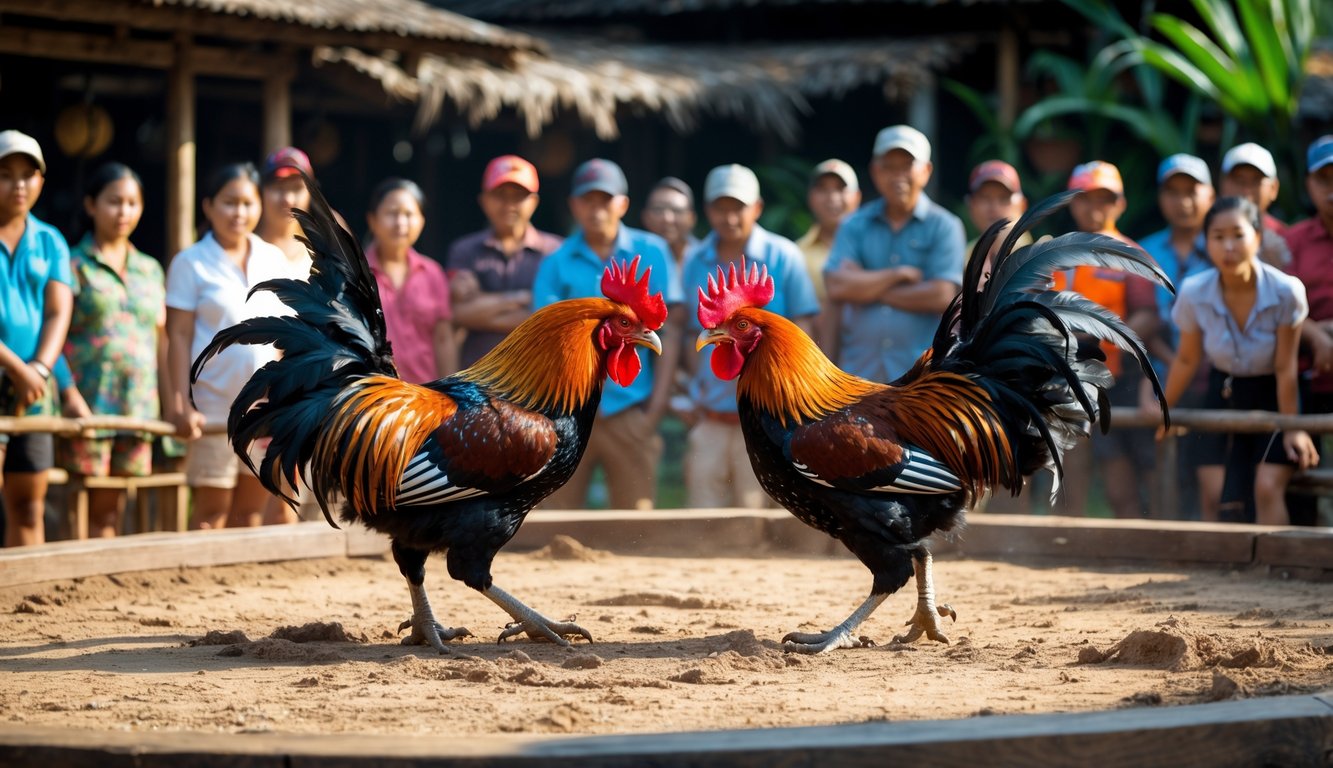 Dua ayam aduan sedang bertarung di arena melingkar dengan penonton yang memperhatikan di sekelilingnya.