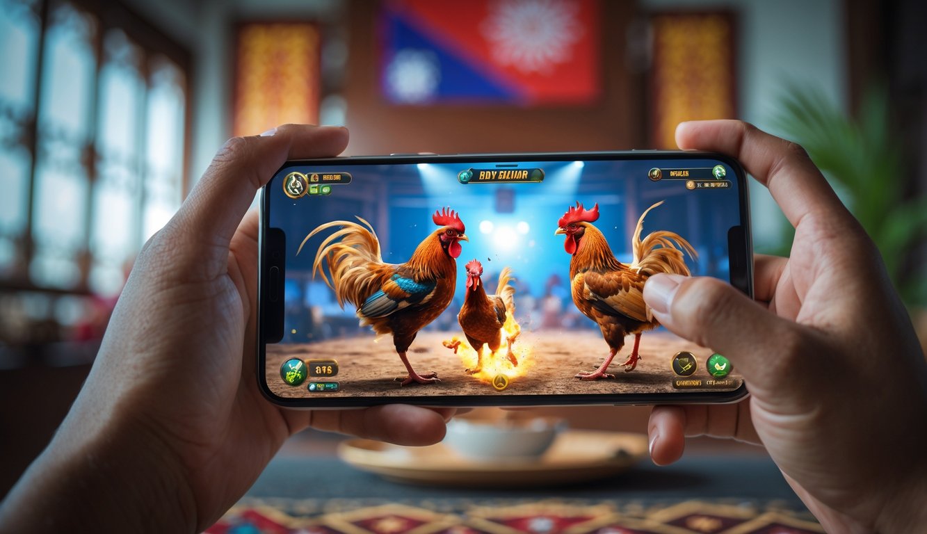 Seseorang sedang memegang smartphone yang menampilkan permainan sabung ayam online dengan latar belakang dekorasi khas Indonesia.