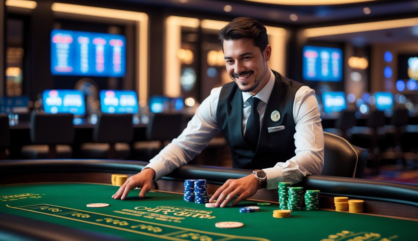 Seorang dealer profesional sedang mengelola permainan craps langsung secara online di meja kasino dengan dadu dan chip.