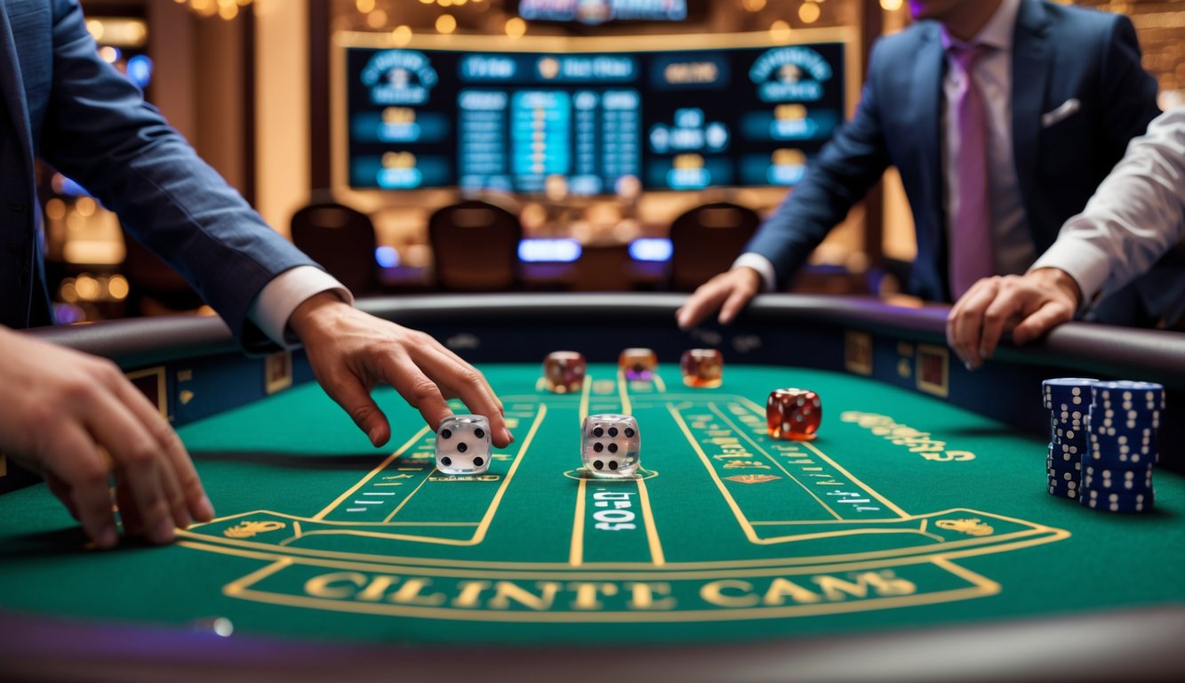 Meja kasino dengan permainan craps online langsung, dadu sedang dilempar, dan layar digital menampilkan peluang permainan.