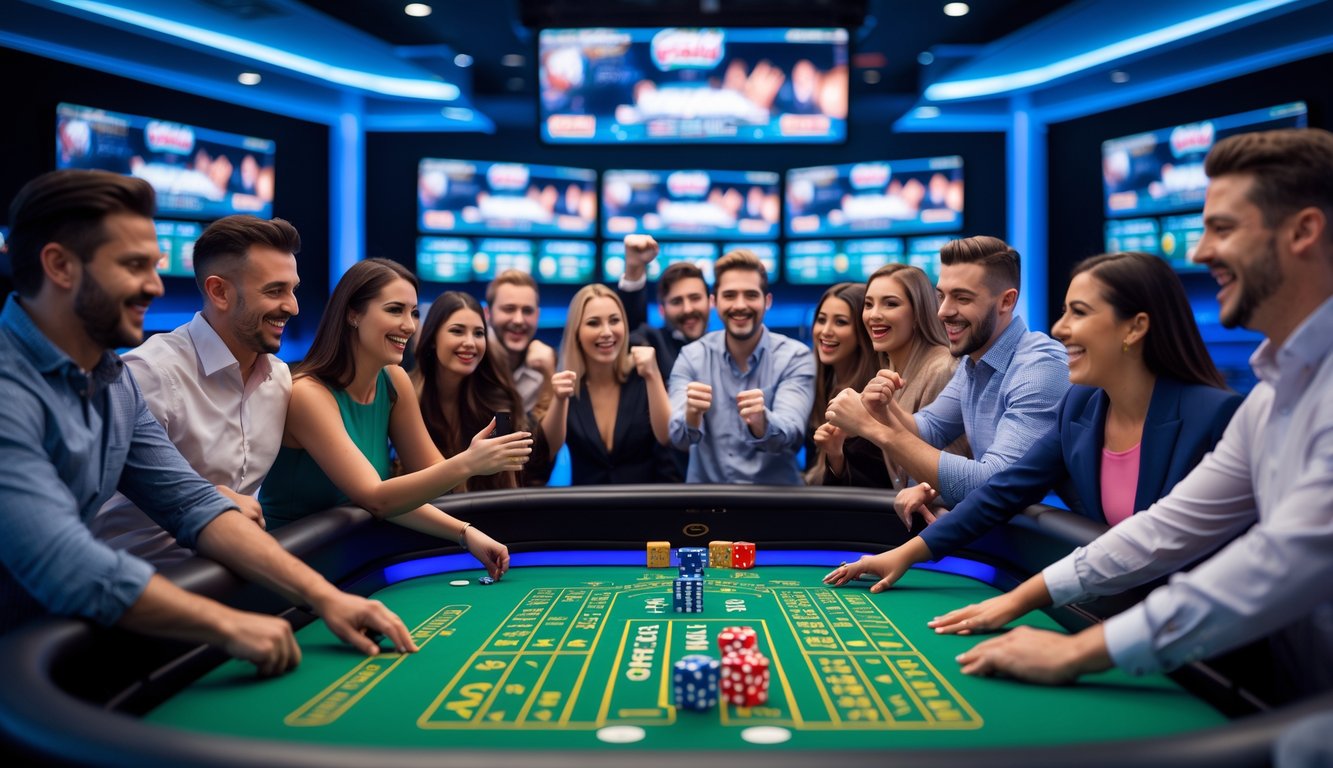 Beberapa orang bermain permainan dadu craps secara online di meja kasino dengan suasana yang hidup dan ceria.