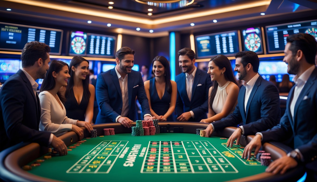 Beberapa orang bermain permainan craps di meja kasino digital dengan dealer yang ramah dan layar digital di latar belakang.