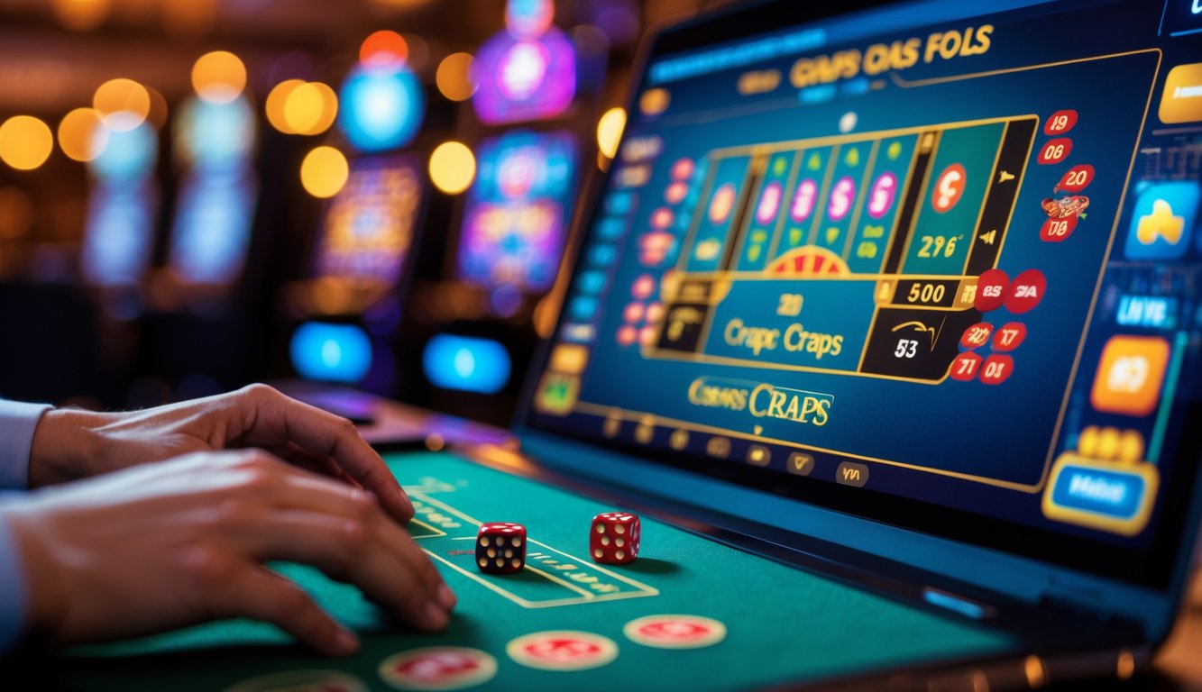 Seorang pemain sedang bermain permainan Crapless Craps secara online di depan layar komputer dengan suasana kasino digital yang hidup.