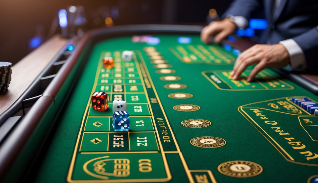 Layar komputer menampilkan meja permainan craps online dengan dadu dan chip taruhan, suasana kasino digital yang aman dan lengkap.