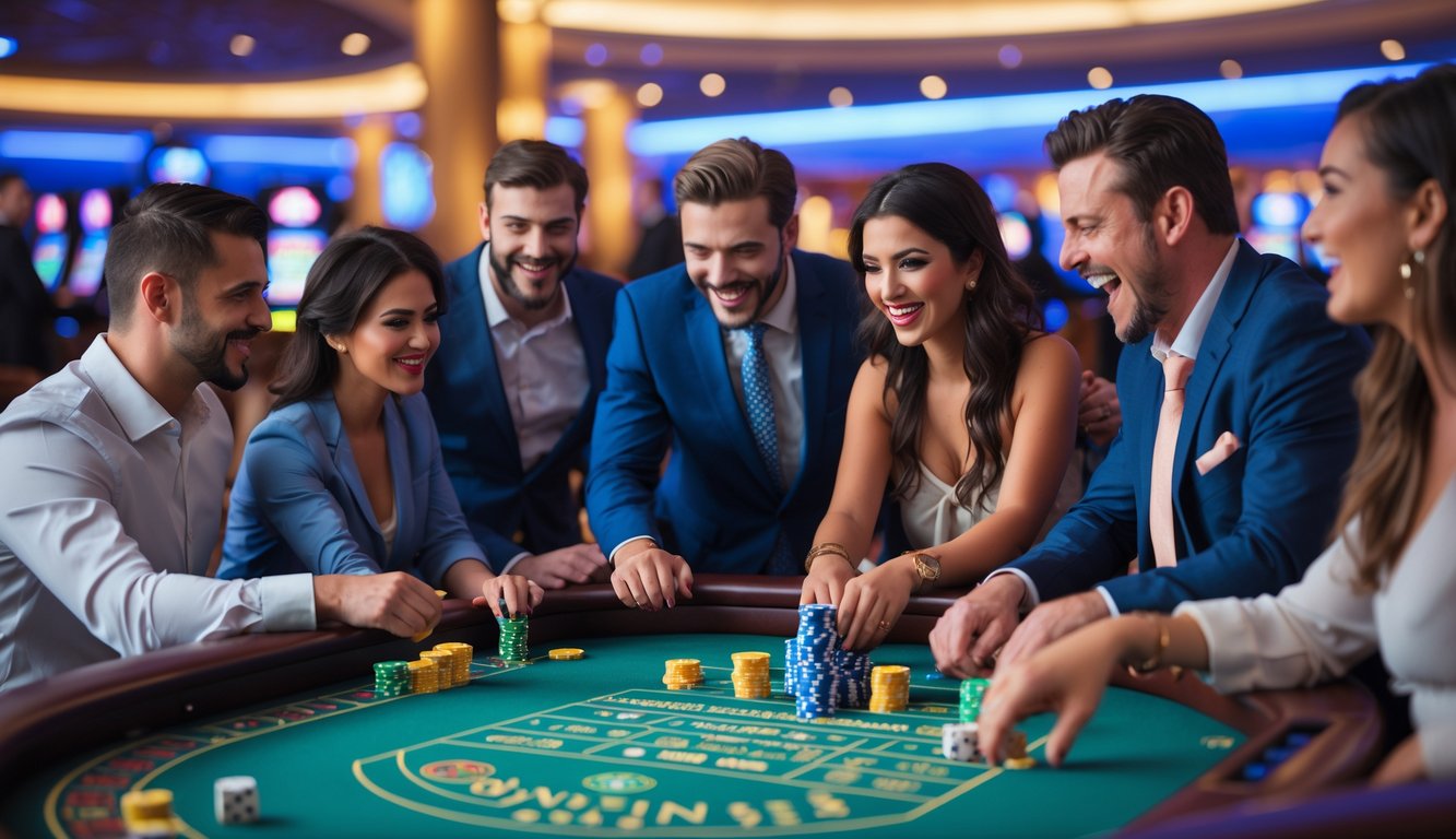 Sekelompok orang bermain permainan dadu Crapless Craps di meja kasino dengan suasana yang ramai dan pencahayaan hangat.