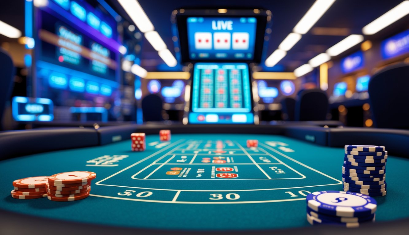 Tampilan meja craps digital dengan dadu dan chip di layar komputer, menunjukkan suasana kasino online dengan transaksi cepat.