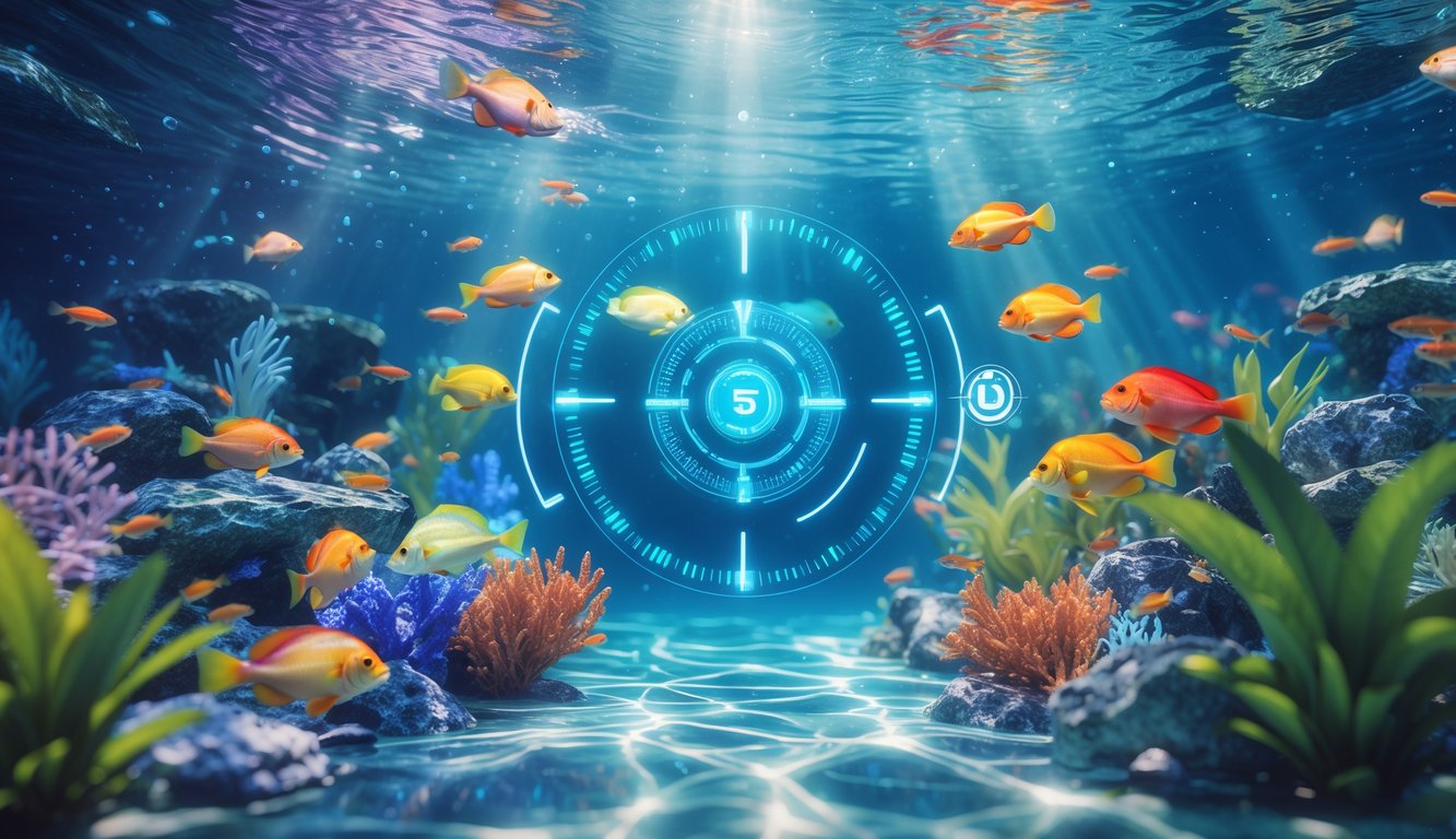 Pemandangan bawah laut dengan ikan tropis berwarna-warni berenang di antara terumbu karang dan tanaman air, menampilkan elemen permainan menembak ikan secara online dengan suasana yang hidup dan menarik.