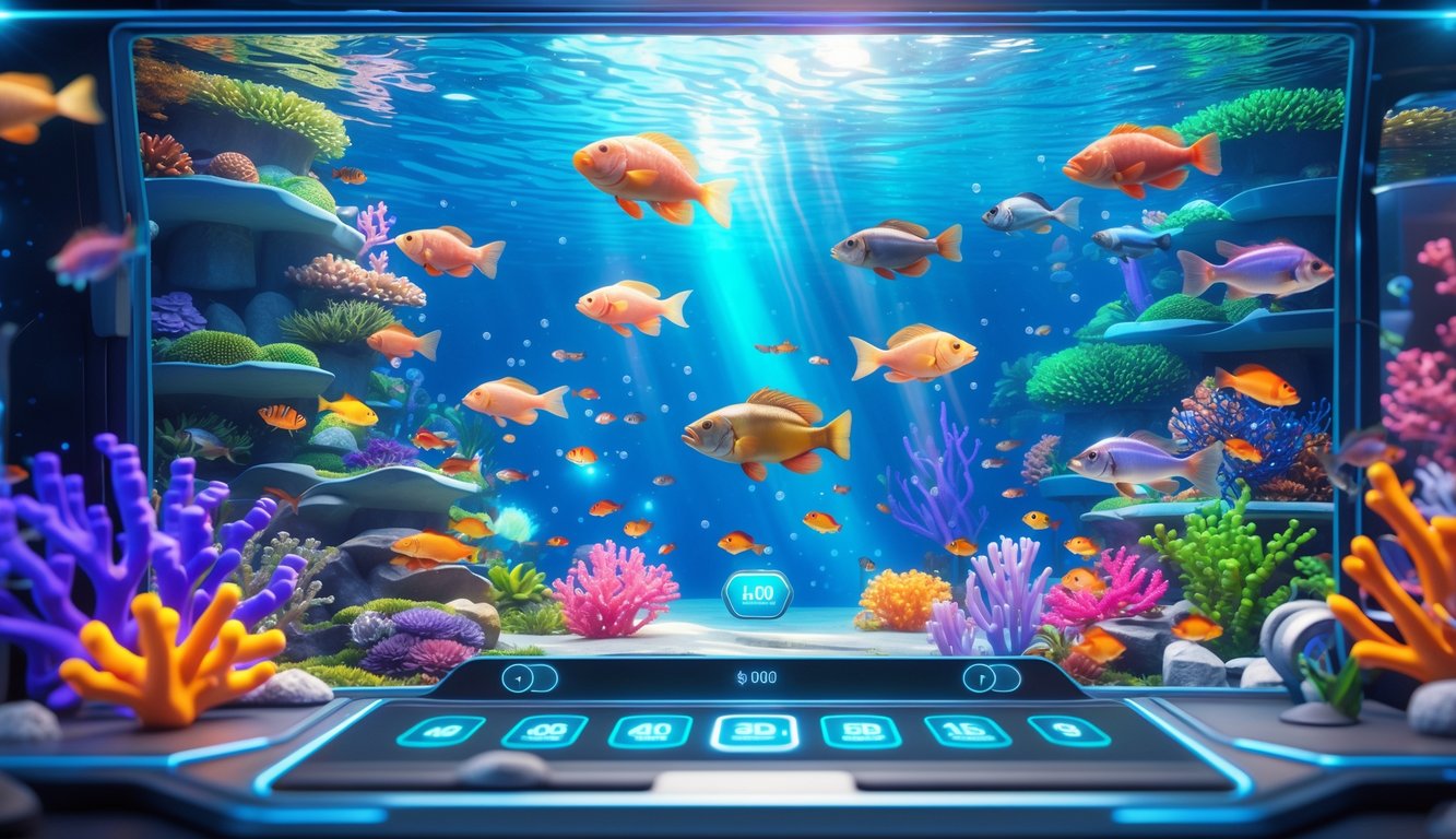 Adegan permainan tembak ikan 3D online dengan ikan berwarna-warni di bawah laut dan antarmuka permainan digital.