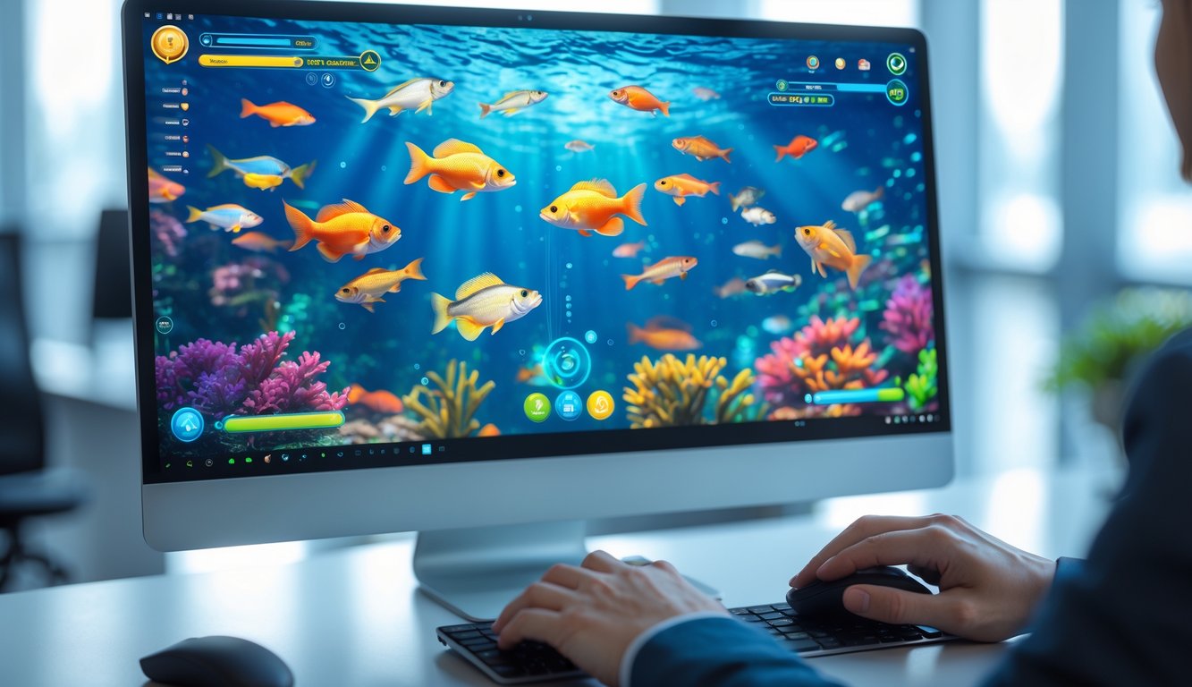 Seseorang menggunakan komputer dengan layar menampilkan permainan menembak ikan 3D yang penuh warna di lingkungan kantor yang rapi.