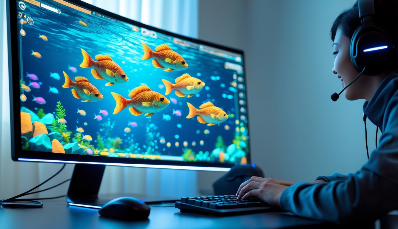 Tampilan layar komputer dengan permainan tembak ikan 3D online yang menampilkan ikan berwarna-warni di bawah laut.