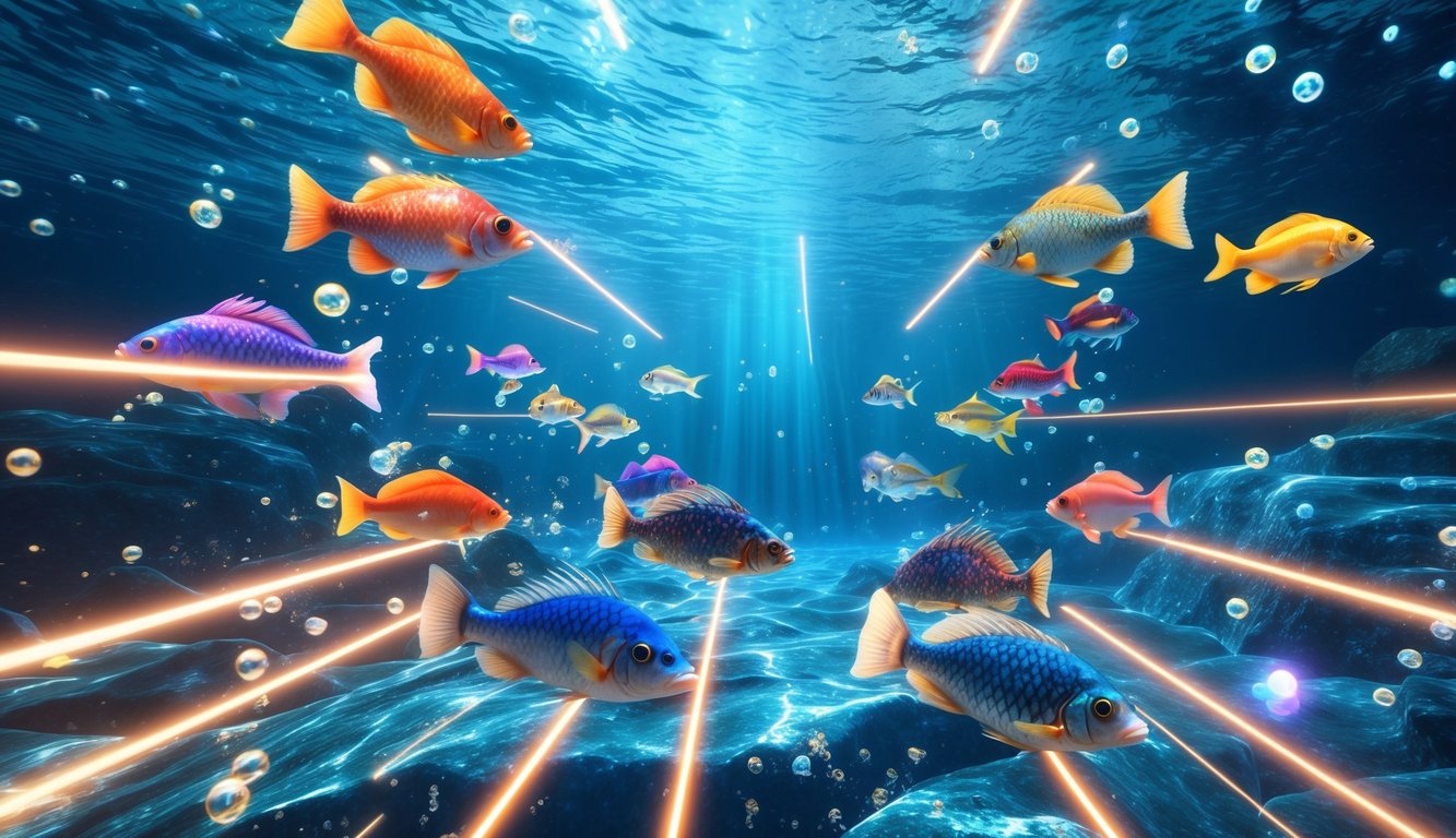 Adegan bawah laut dengan berbagai ikan berwarna-warni dan efek visual modern yang menunjukkan permainan tembak ikan 3D online secara real time.