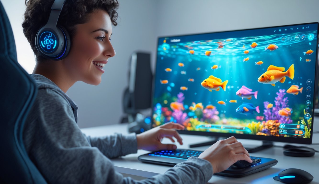 Seseorang sedang bermain game tembak ikan 3D online di komputer dengan ekspresi fokus dan senang.