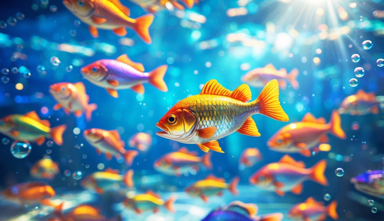 Pemandangan bawah laut dengan berbagai ikan berwarna-warni berenang di air jernih dengan cahaya alami yang menerangi.