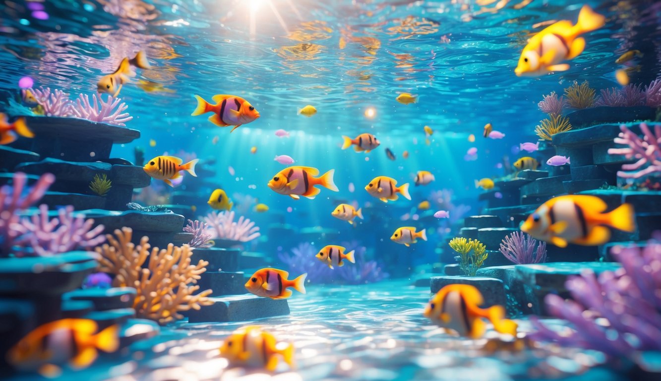 Pemandangan bawah laut dengan berbagai ikan tropis berwarna-warni berenang di sekitar terumbu karang.