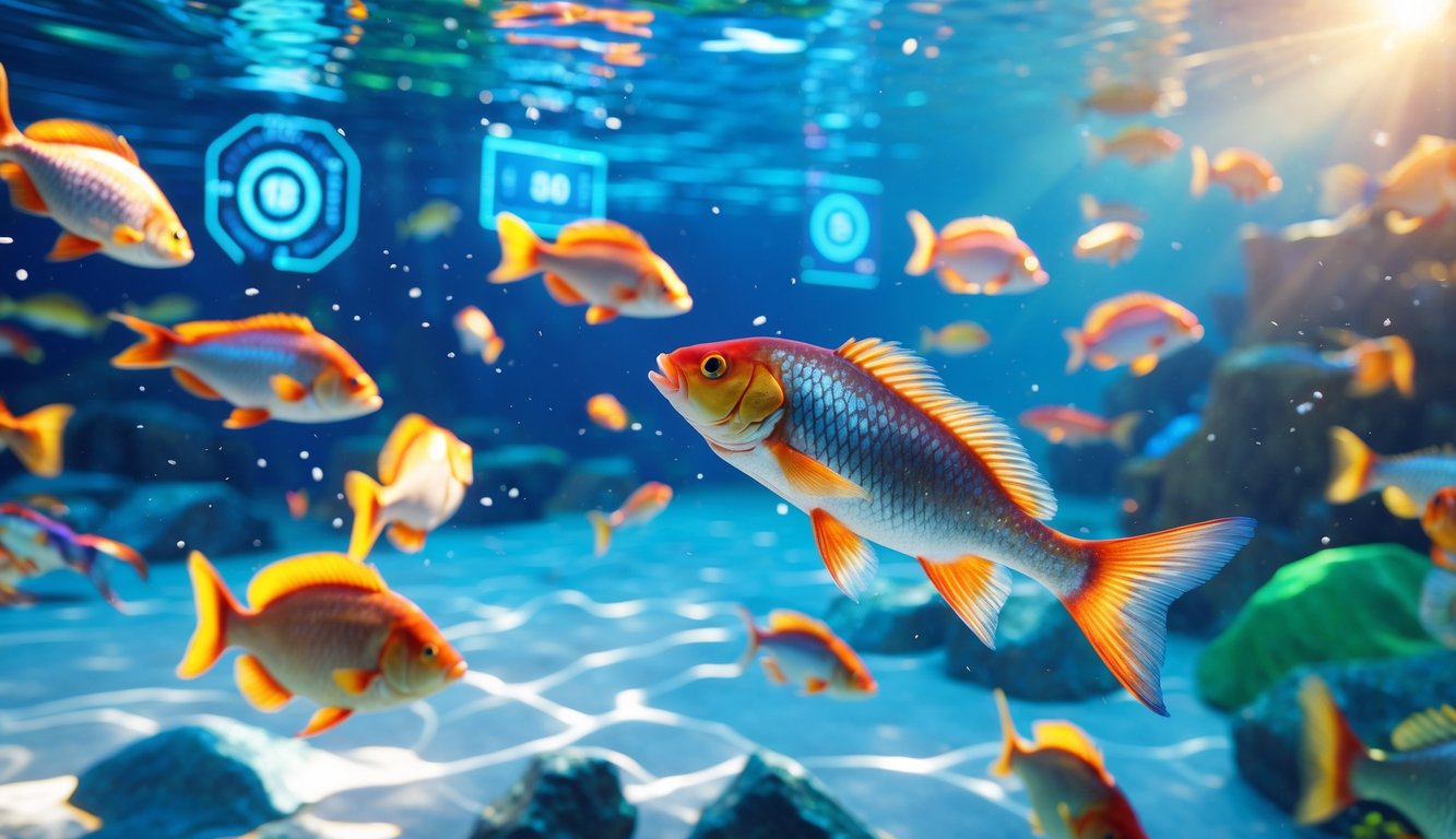 Pemandangan bawah laut dengan berbagai ikan berwarna-warni berenang di air jernih yang diterangi cahaya matahari.