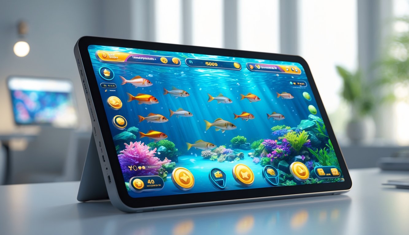 Layar perangkat menampilkan permainan tembak ikan 3D dengan berbagai ikan berwarna-warni yang berenang di bawah laut.