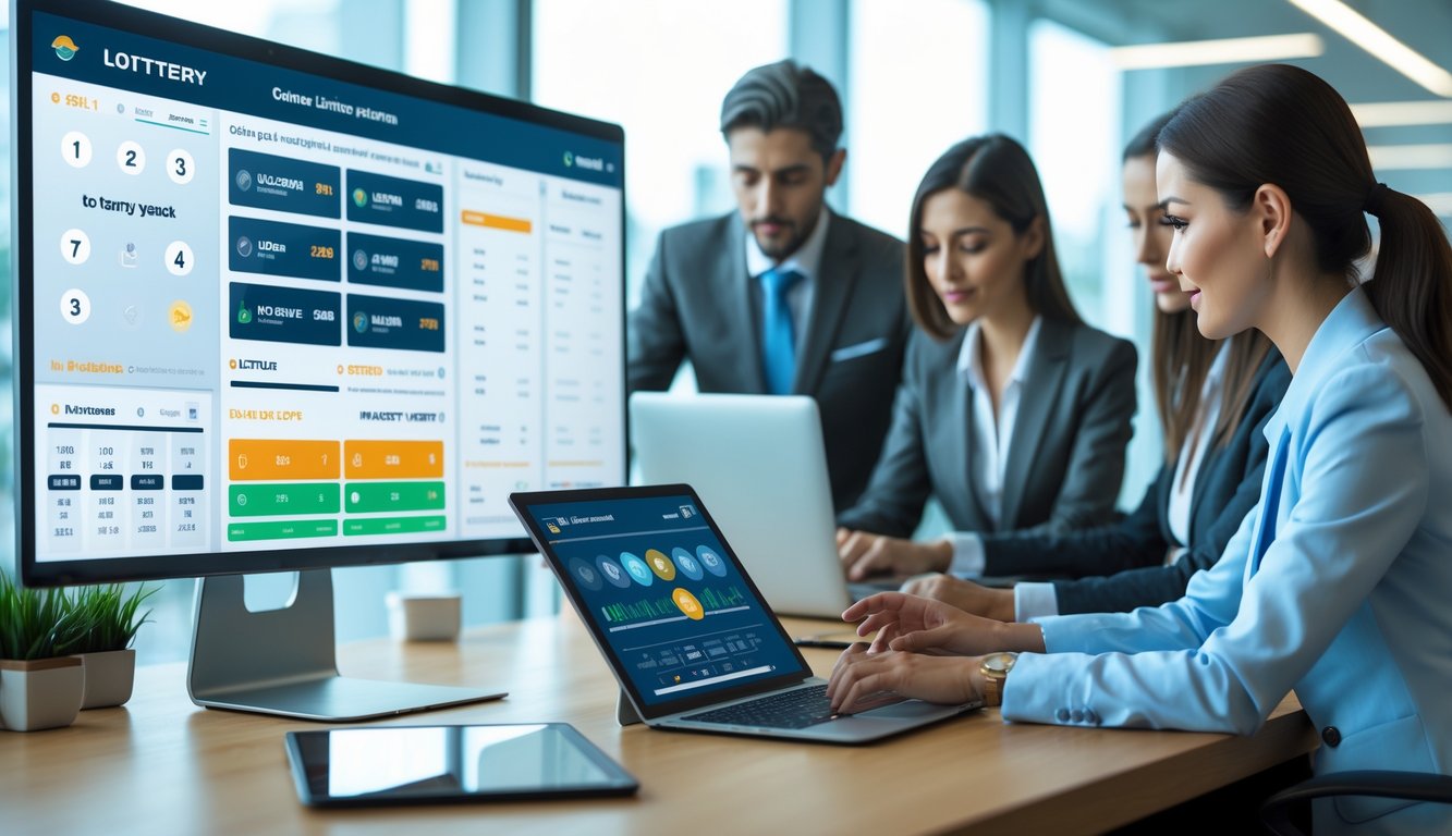 Orang-orang sedang menggunakan komputer dan tablet di kantor modern dengan layar menampilkan antarmuka platform lotere online.